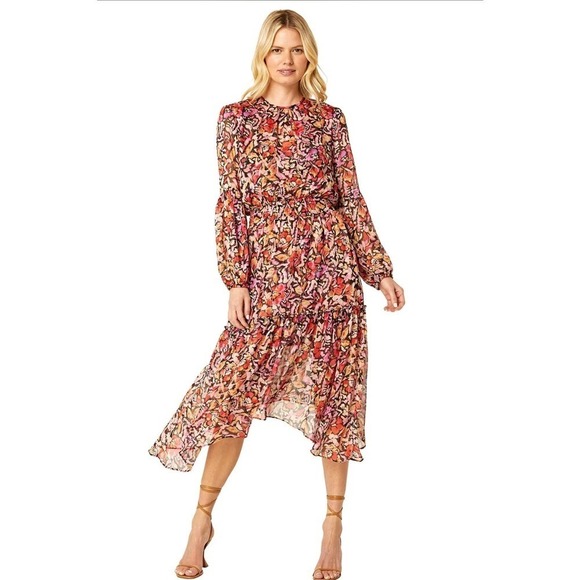 MISA LOS ANGELES Floral Chiffon Midi Dress In Fire Flora In Multi Size M NWOT